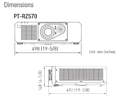 ویدئوپروژکتور مدل PT-RZ570 یکی از مدل های حرفه ای برند پاناسونیک است که دارای ابعاد فیزیکی 498x492x168 میلی متر و وزن 16.5 کیلو گرم می باشد.